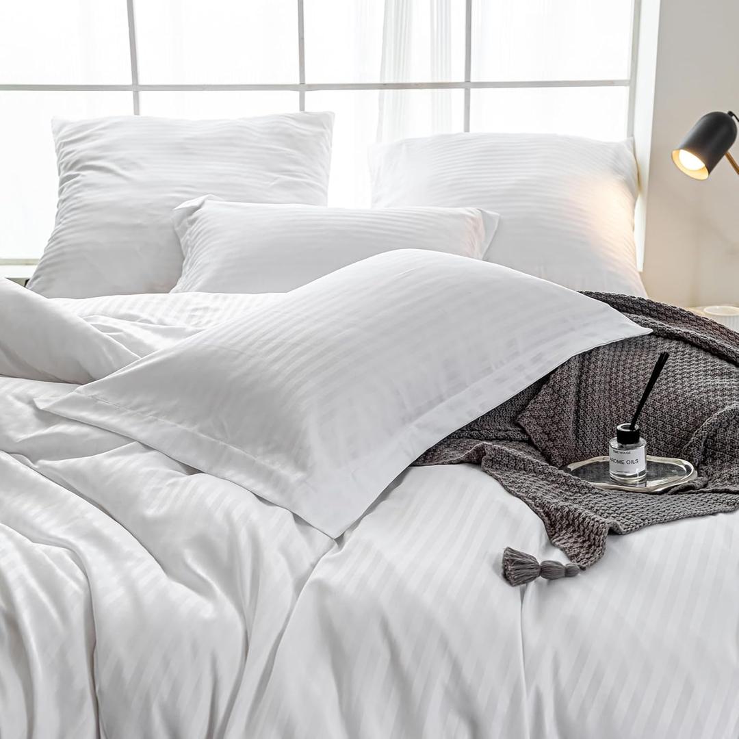 White Striped Hotel Duvet Cover 3 Pcs Set King Size 104x90 Inches with Zipper Closer - Luxurious King Comforter/Quilt/Blanket Cover Best Touch Soft Comfortable for All Season