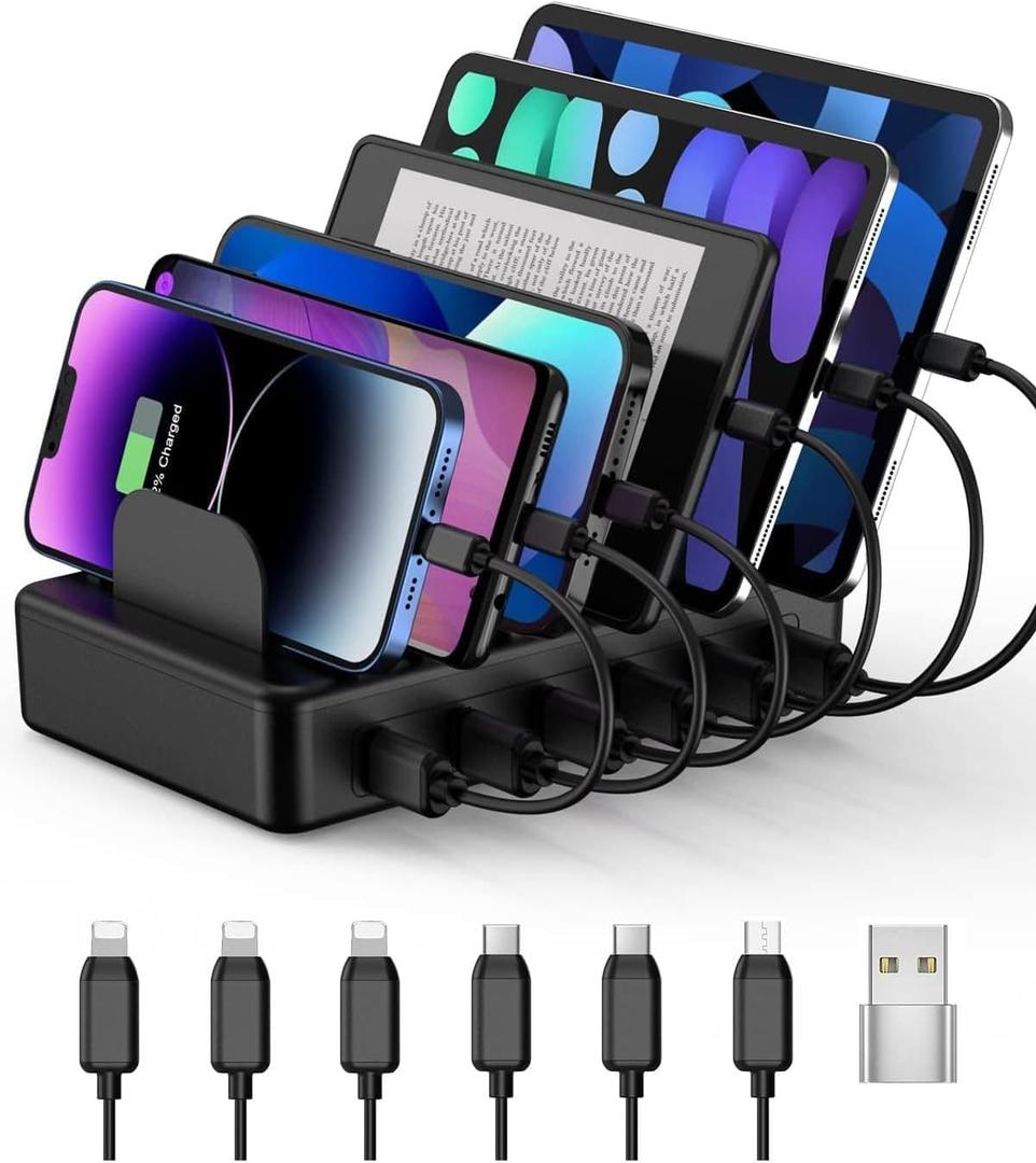 CREATIVE DESIGN 50W 6 Ports Multi Charger Station with 6 Charging Cables, USB Charging Dock for Multiple Devices, Compatible with Cellphone iPad Kindle Tablet and Other Electronic Devices (Black)