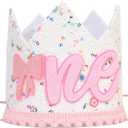 First Birthday Crown for Baby Girl, Pink and White Glitter Crown with Bow, Party Headband
