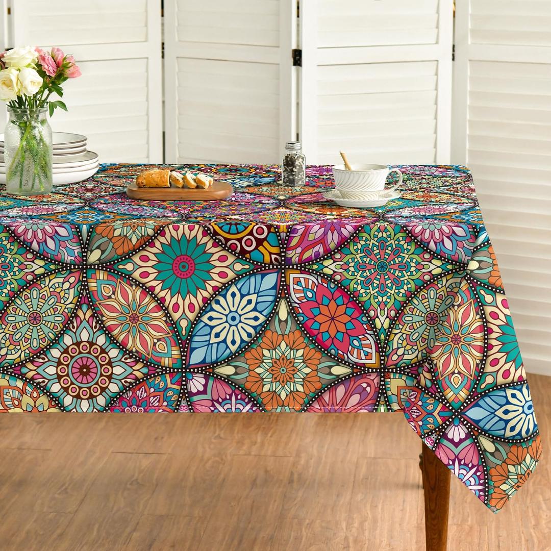 Horaldaily Boho Bohemia Style Square Tablecloth 60x60 Inch, Vintage Washable Seasonal Table Cover for Party Picnic Dinner Decor (Green)