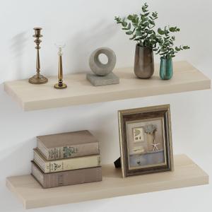SAUMONIERES Floating Shelves 8 Inch Deep Solid Wood Wide Wall Shelf Set of 2 Wall Mounted for Bedroom Bathroom Living Room Kitchen, 24 Inch Natural