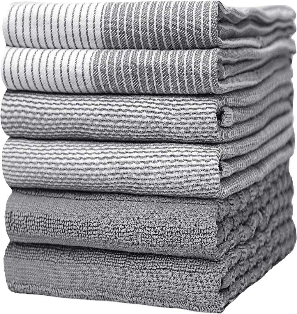 Premium Kitchen Towels (20x 28, 6 Pack) | Large Cotton Dish Towels | Flat & Terry Highly Absorbent Kitchen Linen Set with Hanging Loop | Gray