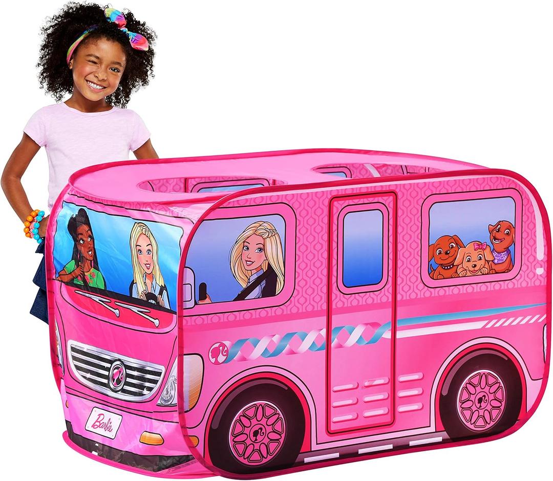 Sunny Days Entertainment Barbie Dream Camper Pop Up Play Tent Pink Indoor Playhouse for Kids Gift for Girls