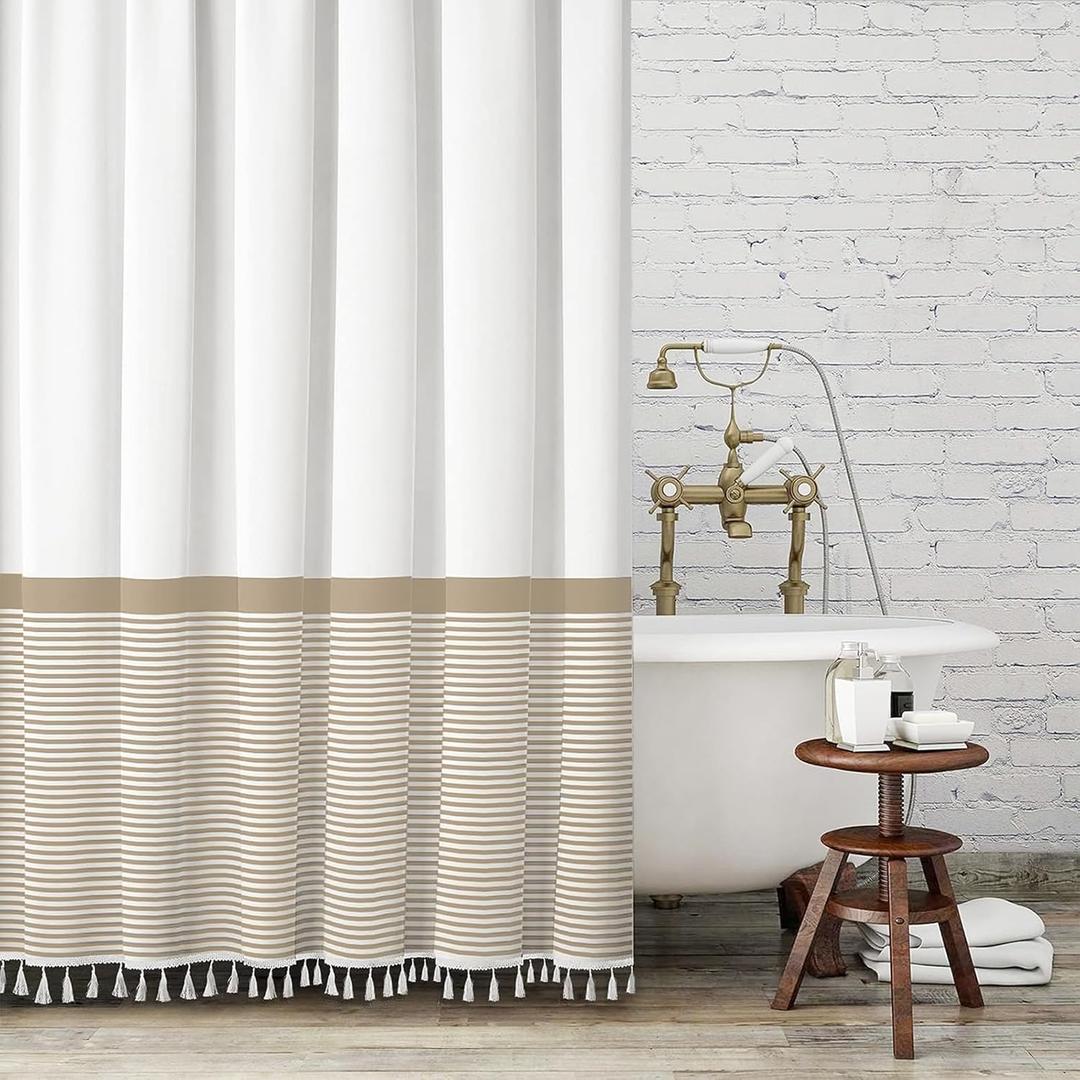 Seasonwood Extra Long 84 Inch Tall Shower Curtain Beige and White Striped Shower Curtain with Tassels Water Repellent, Wrinkle Free