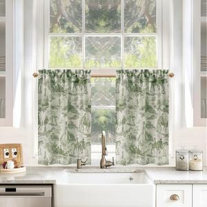 DriftAway Kitchen Curtains Toile Tier Linen Short Curtains Cafe 36 Inch Length for Living Room Bathroom Farmhouse French Country Vintage Printed Pattern Rod Pocket 2 Panels Loden Green