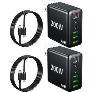 2 Pack USB C Charger Block 200W,6 Port Foldable Fast Charger Type C Charger iPhone 17 16 Fast Charging PD 3.1 Charging Station for All iPhone/Samsung Galaxy S25/S24/MacBook Pro/iPad