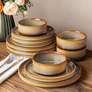 TheTerra Ceramic Dinnerware Sets for 4, 12 Pieces Porcelain Lightweight Speckled Plates and Bowls Sets, Scratch Resistant Dish Set, Oven & Microwave & Dishwasher Safe, Coca Mocha