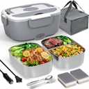 Sitlais Electric Lunch Box for Adults 80W Fast Heating, 1.5L Portable Food Warmer with 2 Stainless Steel Containers, 12V/24V/110V Heated Lunch Box for Car, Truck, Office, Travel, Leak-Proof Design