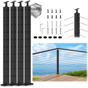4Pack SS316 Cable Railing Corner Post 36" (Post 35"x2"x2") for Coastal Lake, 90 Drilled Railing Post with Cable Grommets, Adjustable Top Stainless Steel Black Finish L-drilled Staircase Post