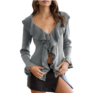 Goranbon Womens V Neck Sexy Sweaters Ruffle Long Sleeve Wrap Loose Sweater Fashion Drawstring Jumper, XXL