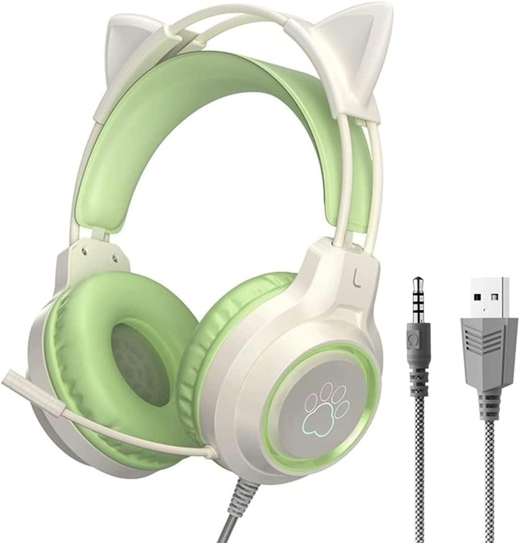 Gaming Headset with Removable Cat Ears, 3.5mm Wired Headphones with Adjustable Microphone, Extendable Padded headband, Noise Cancelling and RGB Light Headphones for Xbox/PS4/Switch/Mac/Phone (Green)