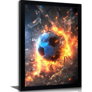 Framed Exploding Soccer Ball Wall Art, Fire and Ice Sports Wall Decor, Dynamic Soccer Poster Artwork, Minimalist Modern Football Canvas Prints for Boys Bedroom Bar, 16"L x 24"W