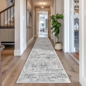 Long Hallway Runner Rug - Runners for Hallway 12ft, Anti Slip Backing Washable Rug for Bathroom, Entrance, Living Room, Soft Low Pile Mordern Runner(2'x12', Grey/Ivory)