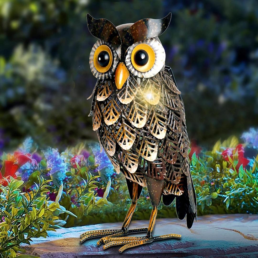 Shorayn Garden Statue Metal Owl Yard Art Outdoor Decor with Solar LED Lights for Patio Lawn Decoration Great Gifts