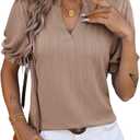 Dokotoo Womens Summer Short Puff Sleeves Blouses Shirts V Neck Cute Solid Knit Textured Casual Regular Fit Tops (Large, Light French Beige)