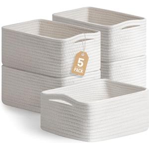 5 Pack White Small Woven Storage Baskets for Shelves, Cotton Rope Baskets Organizer for Bathroom, Closet & Nursery, Decorative Storage Bins for Organizing Socks, Toys, 11.8"x7.9"x4.7"