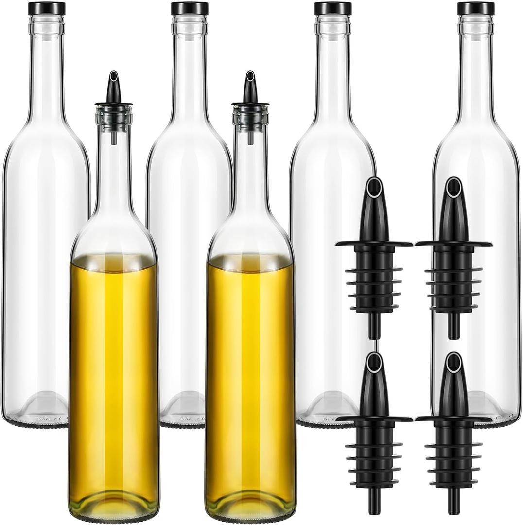 Baderke 6 Pack Glass Long Neck Bottles with Pourer and Caps Clear Glass Wine Syrup Bottle with Spout for Liquor Juice Home Party Bar Kitchen Accessories(Plastic)