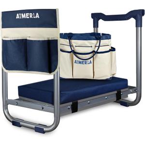 Aimerla K5 Foldable Kneeler Seat - Heavy Duty (Detachable Cloud Kneeler Pad) - Garden Stool - 2 Large Tool Bags - Portable Bench for Indoor & Outdoor, K5-Blue