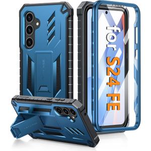 FNTCASE for Samsung Galaxy S24-FE Case: Military Grade Drop Proof Protection Mobile Cover with Kickstand | Matte Textured Rugged Shockproof TPU | Protective Sturdy Phone Case Blue