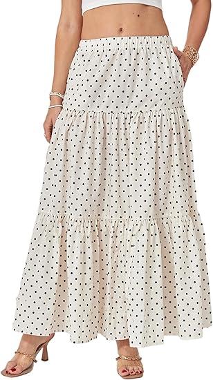 Yulaviniee Women's Boho Maxi Skirt with Pockets High Waisted Layered Tiered Apricot Polka Dot Casual A-Line Long Flowy Skirts, Medium