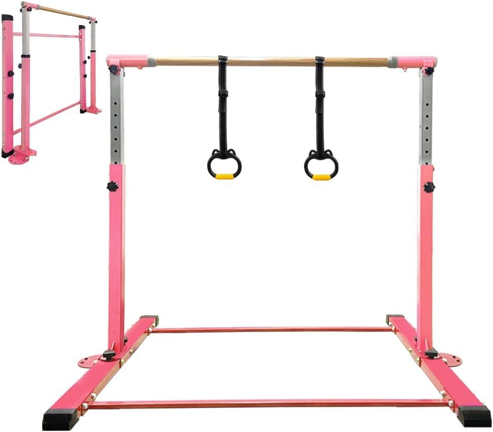 Gymnastics Bar for Kids Girls Ages 3-15 with Ring for Home Indoor Training Equipment- Steady Steel Construction, Anti-Slip, Easy to Assemble, 3' to 5' Adjustable Height (4.8FT, PINK)