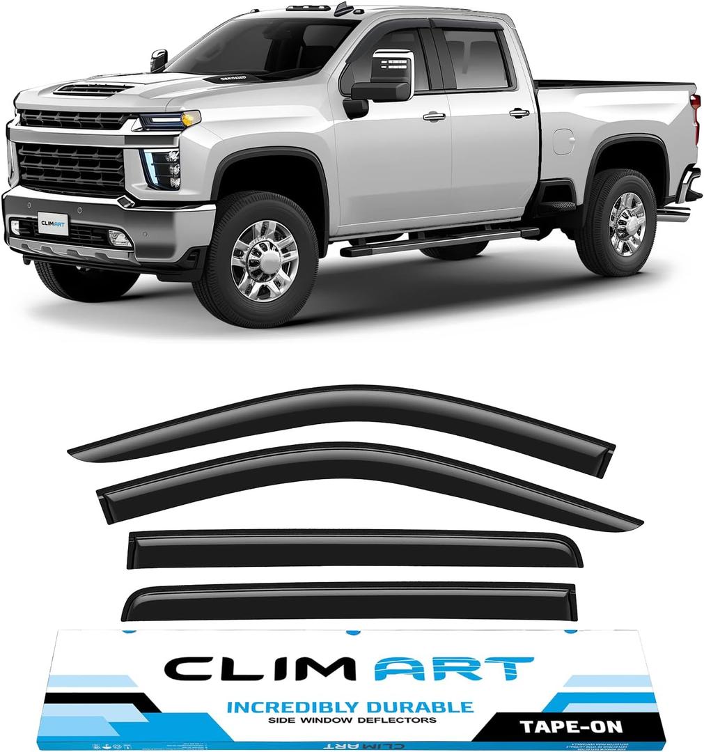 CLIM ART Incredibly Durable Rain Guards for Chevrolet (Chevy) Silverado/GMC Sierra 2500HD, 3500HD 2020-2025 Crew Cab,Tape-on Window Deflectors,Vent Deflector,Vent Window Visors,Truck, 4pcs-419003LPv2