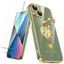 Nonional Compatible for iPhone 13 Case with 2 Pack Screen Protector, 360° Rotatable Ring Holder [Luxury Hearts Pattern] Plating Gold Edge Slim Soft Phone Cover Case for iPhone 13 - Light Green