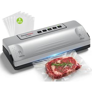 Bonsenkitchen Vacuum Sealer Machine for Food, Multi-Functional Food Sealer, Automatic Operation Mode, Commercial Grade, Compact Design, with 5 Vacuum Bags, Black-Silver