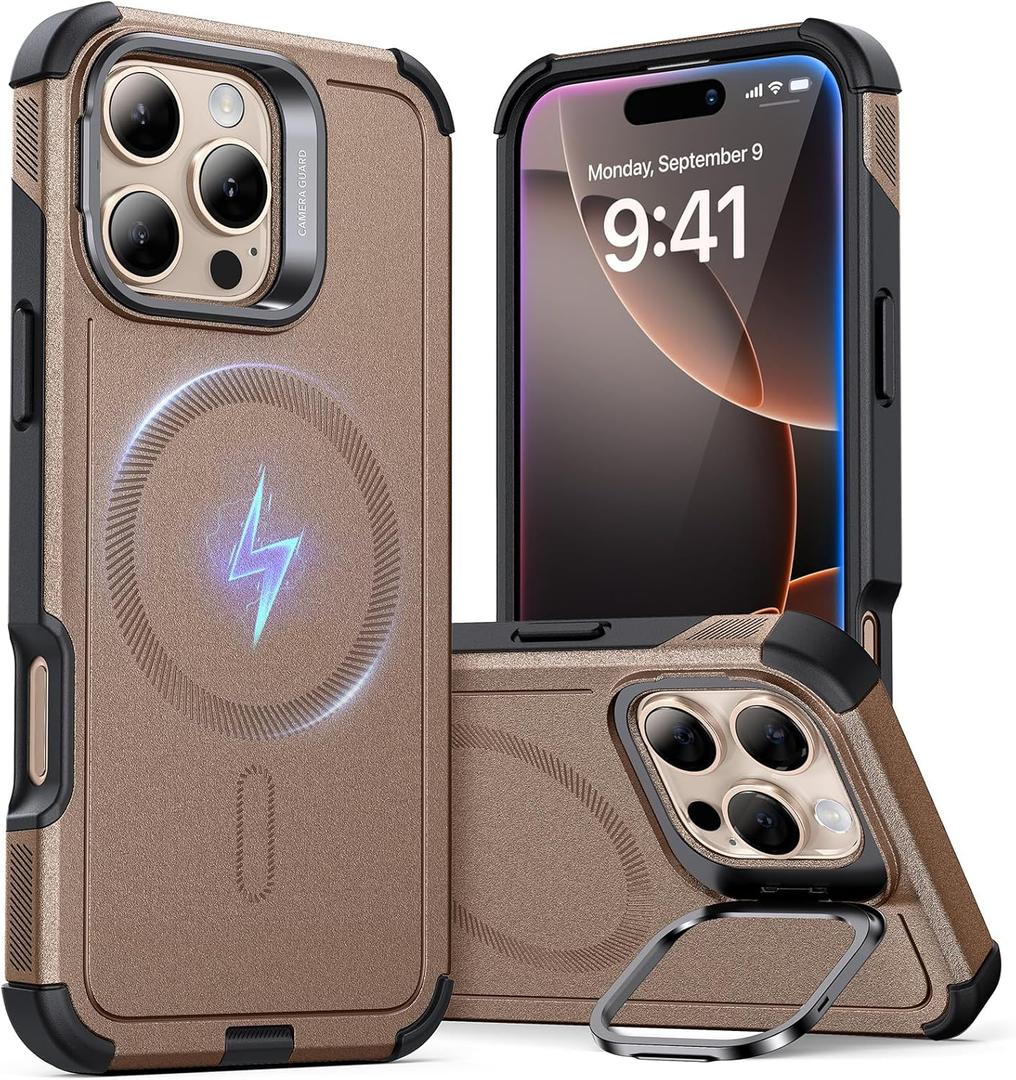 ESR for iPhone 16 Pro Case with Stand, 23FT Military-Grade Drop Protection, Heavy Duty Magnetic Phone Case, Compatible with MagSafe Accessories, Cyber Series, Gold