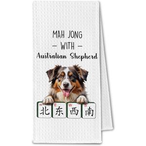 PaBk Of 3 BVHD Australian Shepherd Mahjong Kitchen Towels, Australian Shepherd Dog Lovers Gifts for Women & Men, Mahjong Mah Jong Dog Hand Dish Tea Towels for Kitchen Bathroom Decorative, 16x26 Inch