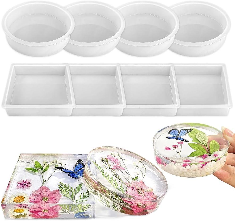 RESINWORLD 8 Pack Deep Coaster Molds, Square Round Coaster Resin Molds, Small Coaster Silicone Molds for Resin Casting, for Flower Bouquet Preservation