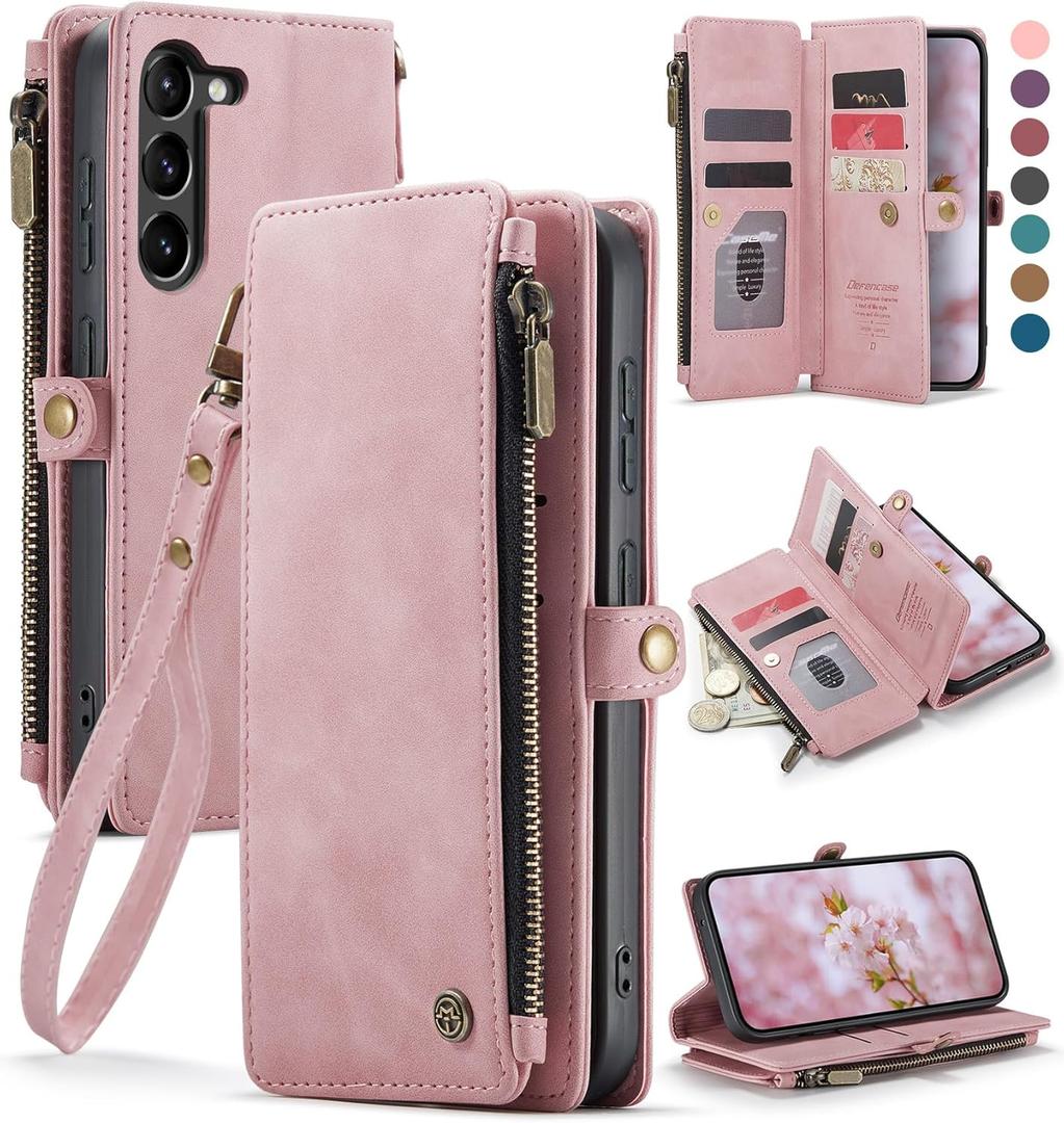 Defencase Compatible with Samsung Galaxy S23 Case Wallet with RFID Blocking Card Holder for Women Men, PU Leather Magnetic Snap Flip Zipper Strap Wallet Phone Case Fit for Galaxy S23 5G 6.1", Pink (Airy Rose Pink)