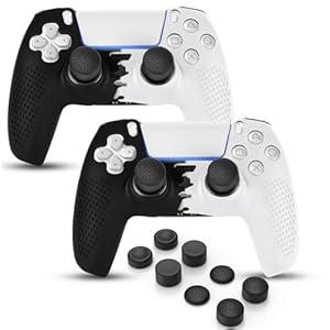 FAMOMI PS5 Controller Skin, Anti-Slip Soft Silicone Protective Cover Case for Playstation 5 Dualsense Controller Grip Accessories, 2 Pack with 8 x Thumb Grip Caps (Black Mix White)