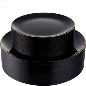 Bestluck 100PCS Black Plastic Plates with Gold Rim, Black Gold Disposable Plates for Party, Graduation and Wedding, Include 50 Dinner Plates, 50 Dessert Plates for 50 Guests