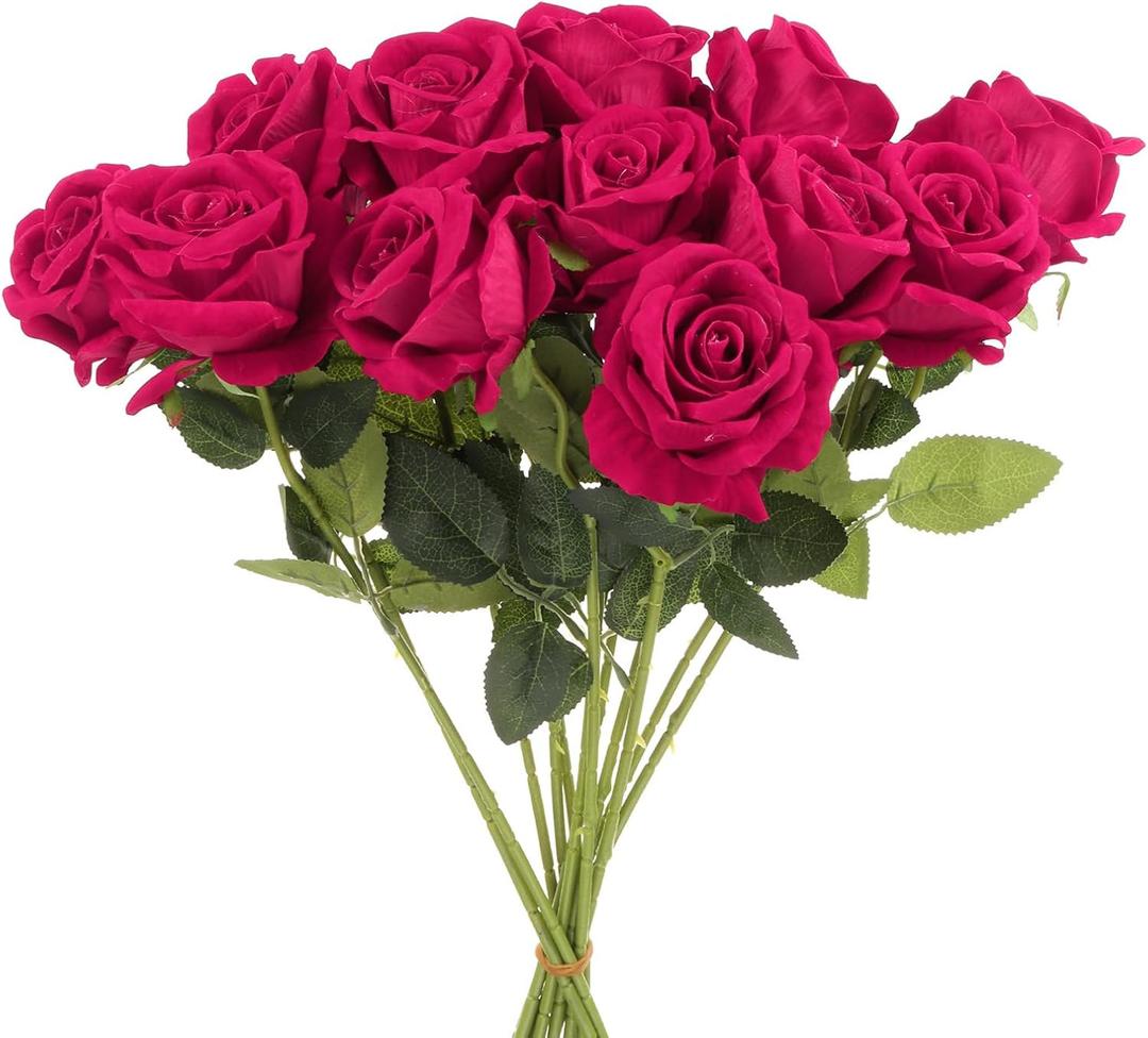uxcell 12 Pcs Rose Red Roses Artificial Flowers, Velvet Rose Real Touch Fake Roses with Stems for Home Decor Wedding Bouquet Hotel Office Decor