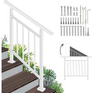 Adjustable Handrails for Outdoor Steps – White Metal Stair Railing with Installation Kit, 3 Steps Handrail or Horizontal Use, Wrought Iron Hand Rails for Outdoor Steps White