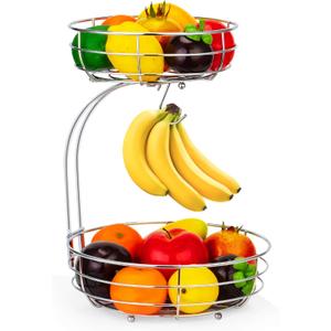 Auledio 2-Tier Countertop Fruit Vegetables Basket Bowl Storage With Banana Hanger,Chrome