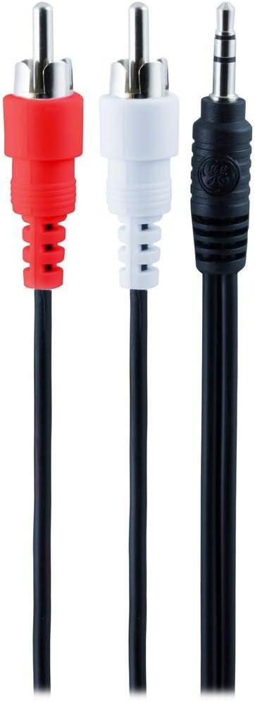 GE Audio Y Adapter Cable, 6 Feet, 3.5mm Male to RCA Male, Works with All Brands, Smart Phones, Stereo, Computer, Black, 33568