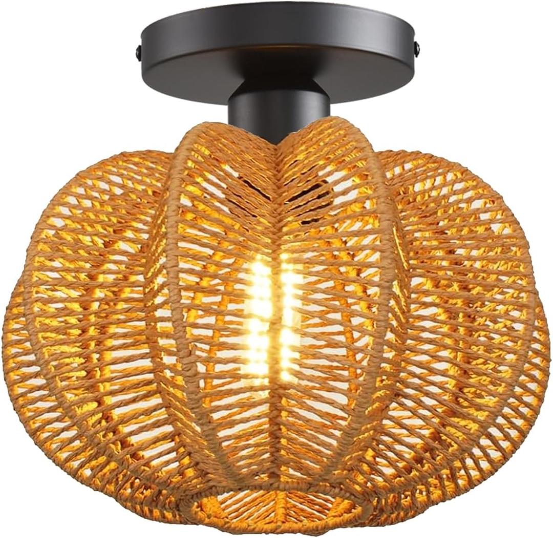 Hand-Woven Rattan Flush Mount Ceiling Light,Farmhouse Light Fixtures Ceiling Mount Boho for Hallway Bedroom Kitchen Entryway Living Room