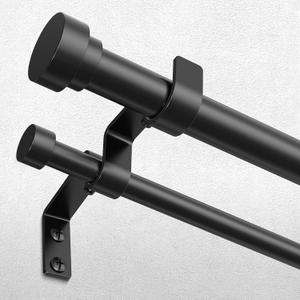 Double Curtain Rod, 1 Inch Black Dual Curtain Rods 36 to 76 Inch with Aluminium Modern End Cap Finials, Adjustable Heavy Duty Window Treatment Rods, Spliced Metal Double Drapery Pole Set