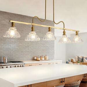 Vintage Chandelier Light, 5-Light Brass Pendant Lights Kitchen Island Lighting with Flower Glass Shade, Ceiling Hanging Light Farmhouse Chandeliers for Dining Room