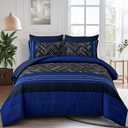 Luxudecor Blue Comforter Set King Size, 7 Pieces Stripe Geometric Bed in a Bag, Geometric Comforter and Sheet Set, Soft Microfiber Complete Bedding Sets for All Seasons