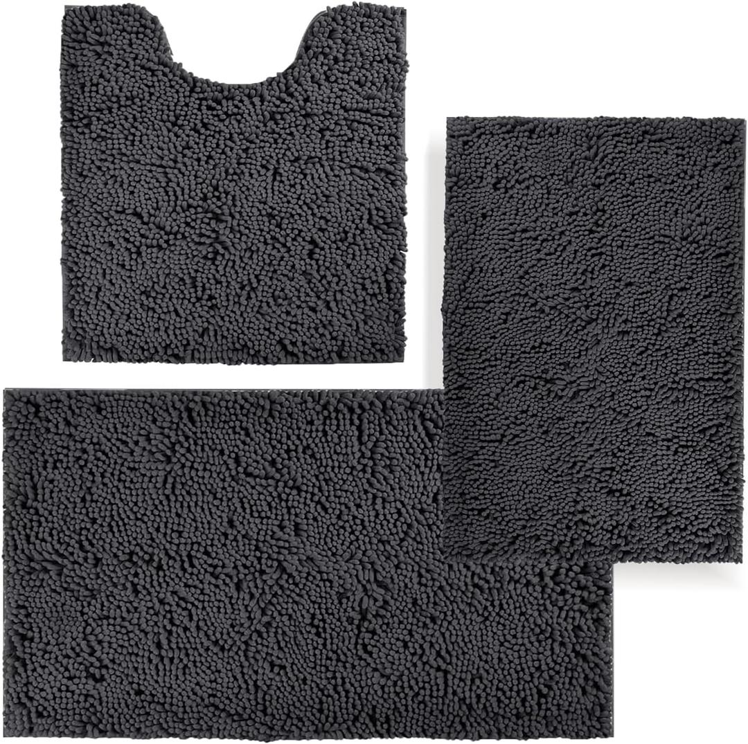 Bathroom Rugs Sets 3 Piece,Bath Mats for Bathroom Non Slip, Thick Chenille Bath Rug,Soft and Absorbent Shaggy Bathroom Mat Set Machine Wash & Quick Dry Durable Carpet for Bath, Kitchen,Dark Gray (16"x24"+20"x32"+U Shape 20"x20")