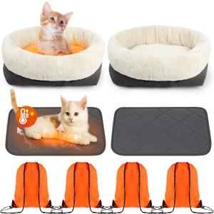 Riakrum 4 Pack Self Warming Cat Bed 17.7 x 13.7 Inch & Self Heating Cat Mat 16 x 20 Inch Anti-Slip Soft Round Thermal Heated Pet Bed with 4 Storage Bags for Indoor Outdoor Small Pet Kittens Puppies
