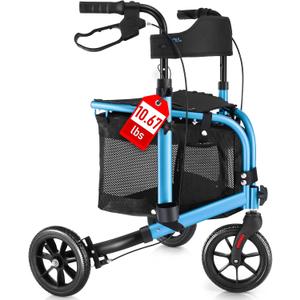 WALK MATE 3 Wheel Rollator Walker with Seat for Slim Seniors, Padded Backrest Lightweight Foldable Travel Walker Ideal for Elderly, 8 Inch Tri-Wheel Modern Mobility Walking Aid Aluminum, Blue