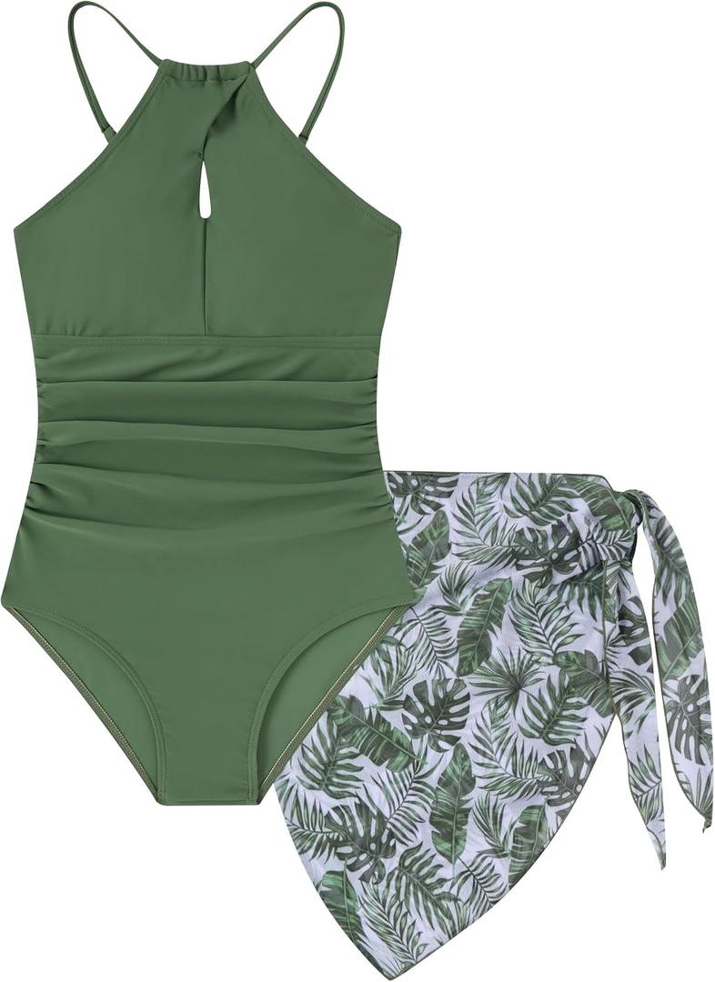 Evensu Girls Swimsuit Ruched One Piece Teen Swimsuits Cutout Adjustable Strap Kids Bathing Suit with Mesh Cover Up Size 9-16 (1112Years, Dark Green 01)