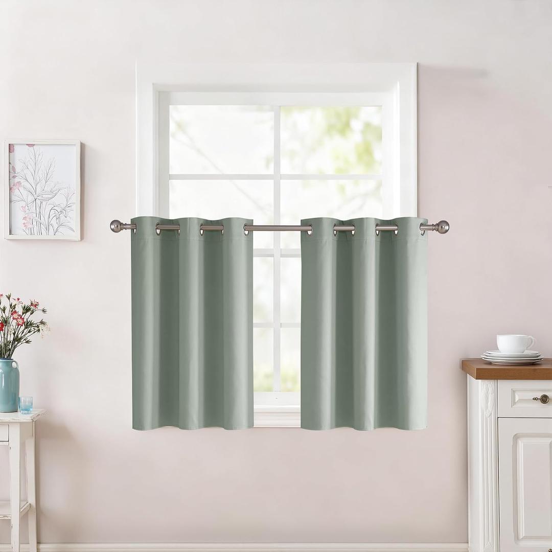 RYB HOME Blackout Cafe Curtains 24 Inch Length for Kitchen, Small Bathroom Window Curtain Tier, Thermal Insulated Room Darkening Valance Drapes for RV Camper, W30xL24, 2 Panels, Sage Green