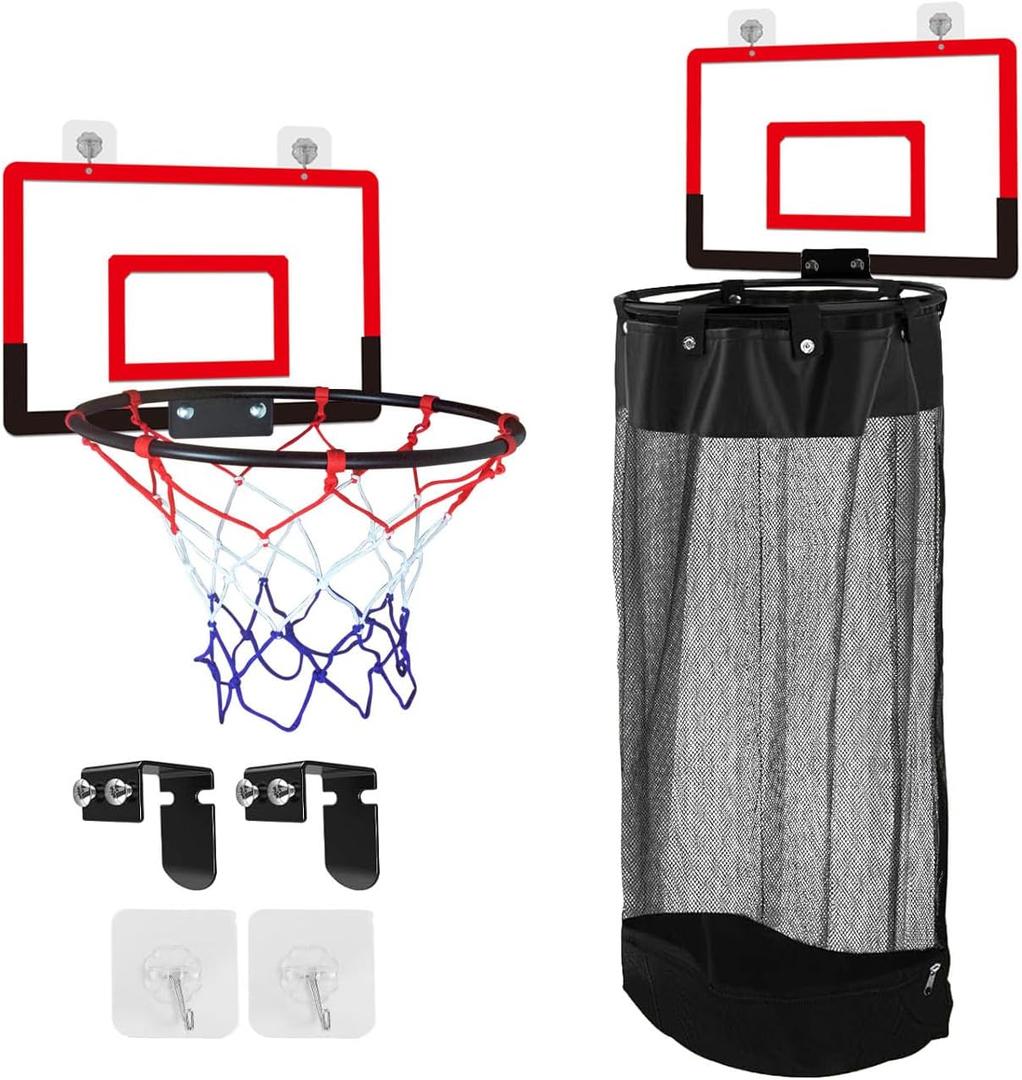Plastic Basketball Laundry Hamper, Over the Door Laundry Basket with Hoop & Net, Heavy-Duty Mesh with Zipper, Easy to Install, 2-in-1 Storage and Shooting Game for Kids' Rooms, Dorm Rooms, Bathrooms