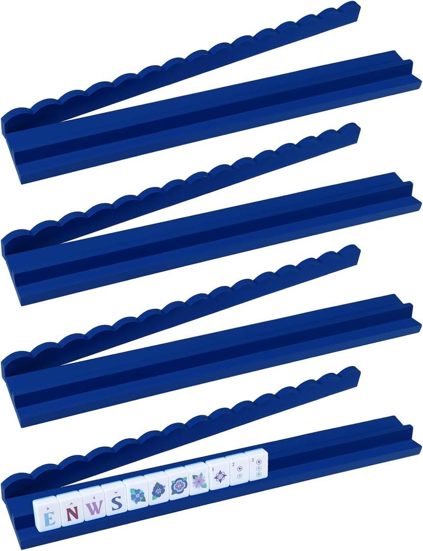 Leinuosen Wooden Mahjong Racks with Pushers 4 Set Magnet American Mahjong Tile Rack and Magnetically Attached Pushers Painted Tile Holders for Players Gift Family Game Night(Blue), 42.5 x 6 x 2.5 cm