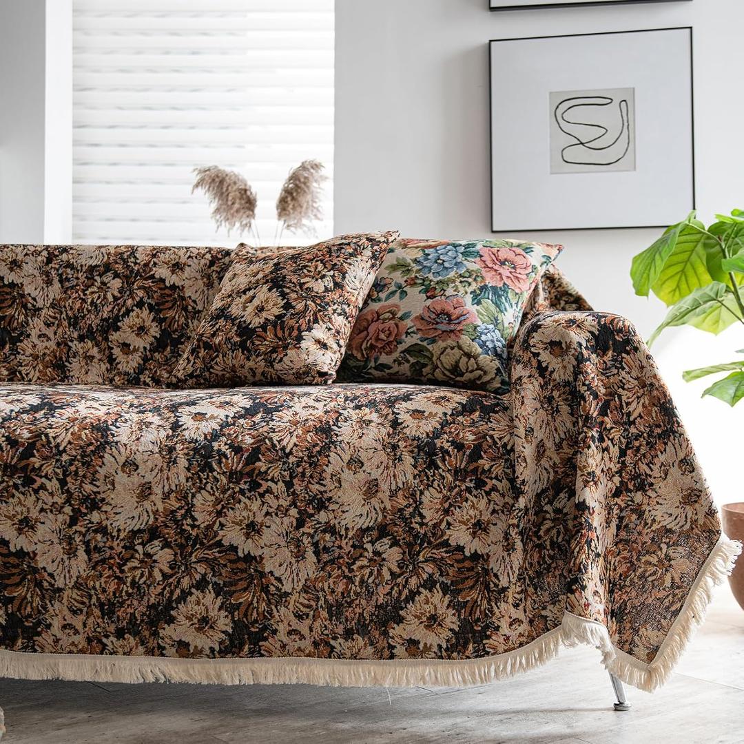 vctops Vintage Jacquard Sofa Covers for Sectional Sofa Floral Pattern Fringe Couch Cover for Dogs Loveseat Covers Futon Cover L Shaped Cover Washable Couch Protector (Coffee Floral,91"x118")